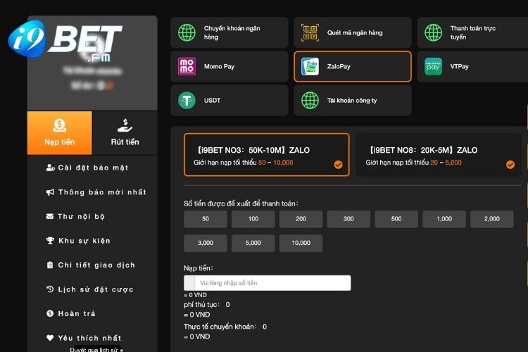 I9Bet nạp tiền bằng ví điện tử Zalo Pay