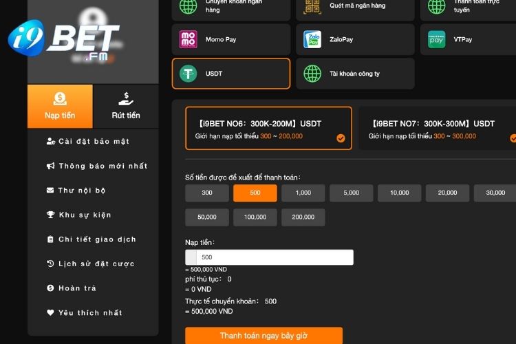 Nhập số tiền mà bạn muốn thanh toán vào ví trò chơi i9Bet