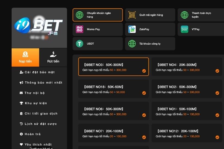 I9Bet nạp tiền thông qua chuyển khoản ngân hàng