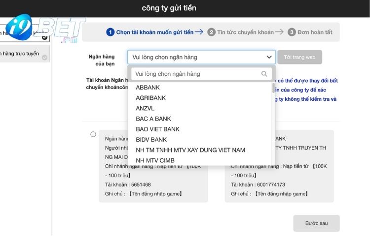 Chọn ngân hàng thanh toán của bạn tại i9Bet nạp tiền