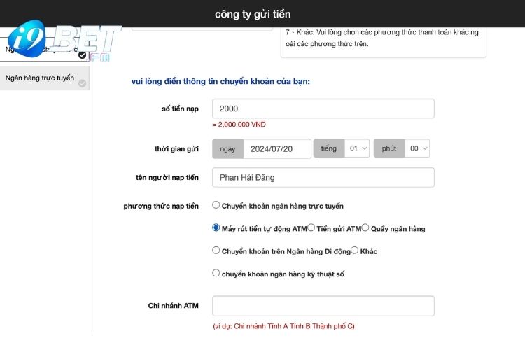 Điền đầy đủ các thông tin chuyển khoản tại i9Bet